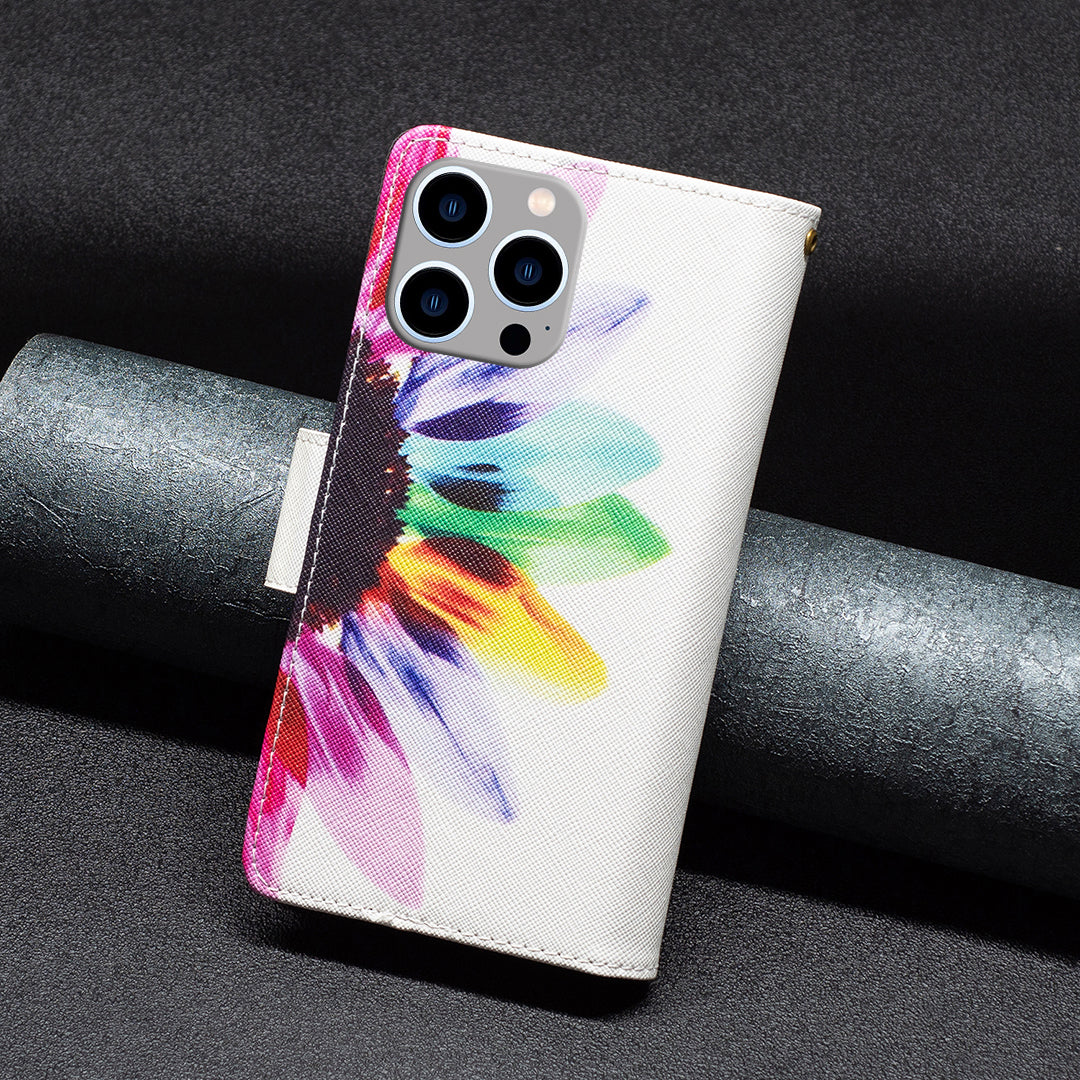 BF03 Zipper Pocket Phone Cover for iPhone 15 Pro Max , Pattern Printing Stand PU Leather Wallet Case - Sunflower BF03 Zipper Pocket Phone Cover for iPhone 15 Pro Max , Pattern Printing Stand PU Leather Wallet Case - Sunflower